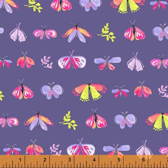 colourful hand drawn moths, leaves and butterflies on a blue purple background